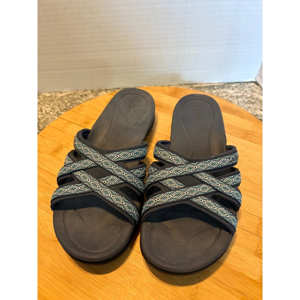LL Bean Womens Sandals Navy Blue Teal Crisscross Strap Slide 522114 Size‎ 8 M